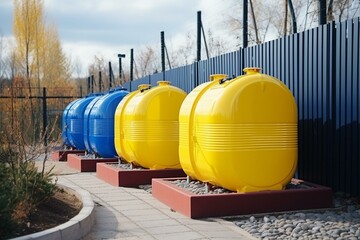 Plastic tanks for home sewage treatment plants. Yellow, blue. Barrel, metal fence. Generative AI - obrazy, fototapety, plakaty