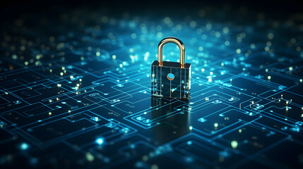 Lock on circuit pattern. Concept of data security and cybersecurity