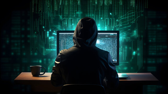 Hacker with computer. Concept of cybercrime, cyberattack, dark web.