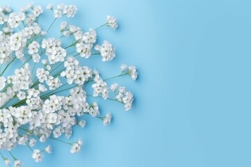 Gypsophila flowers on blue. Women's day, mother's day, valentine's day. Wedding concept. Flat lay. Top view. Copy space. Generative AI