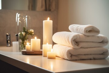 Fototapeta na wymiar Fresh towels and lit candles on bathroom counter. Generative AI