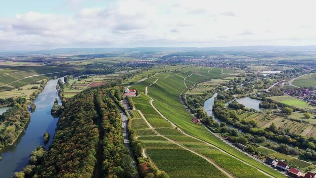 The Mainschleife near Volkach winds through the valley and is surrounded by fields and vineyards. Volkach, Kitzingen, Lower Franconia, Bavaria, Germany, Europe