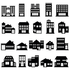Collection of vector illustrations of apartment residential building silhouettes - obrazy, fototapety, plakaty