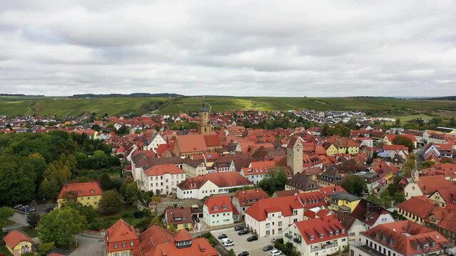 Aerial view of Volkach with a view of the historic old town, Volkach, Kitzingen, Lower Franconia, Bavaria, Germany, Europe