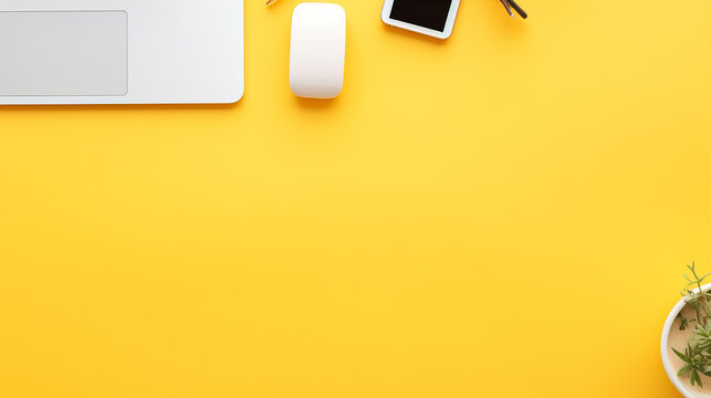 Photo View Of An Office Desk From Above On A Yellow Background With Text Space By Generative AI