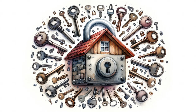 An image of a watercolor painting of a house-shaped lock with numerous keys scattered around - Generative AI