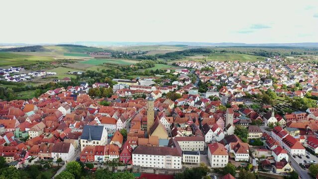 Aerial view of Volkach with a view of the historic old town, Volkach, Kitzingen, Lower Franconia, Bavaria, Germany, Europe