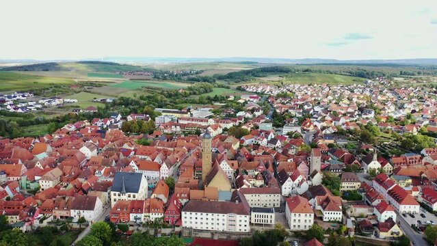 Aerial view of Volkach with a view of the historic old town, Volkach, Kitzingen, Lower Franconia, Bavaria, Germany, Europe