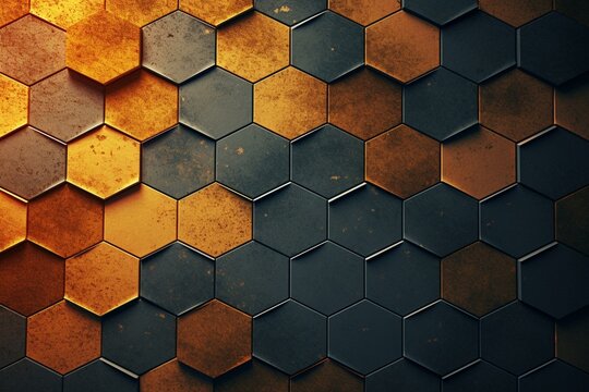 Panoramic background with hexagon honeycomb pattern. Generative AI © Eulogia