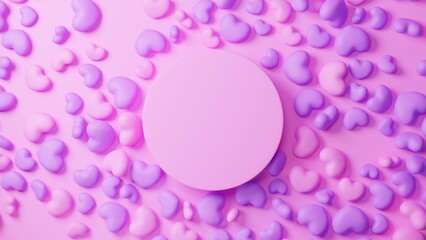 ピンク背景にピンクと紫の複数のハートと台座。俯瞰。（横長）
