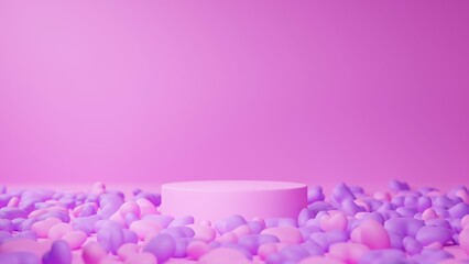 ピンク背景にピンクと紫の複数のハートと台座。背景素材。（横長）