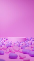 ピンク背景にピンクと紫の複数のハートと台座。背景素材。（縦長）