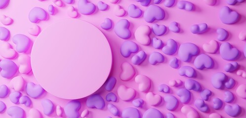 ピンク背景にピンクと紫の複数のハートと台座。俯瞰。コピースペース。（横長）