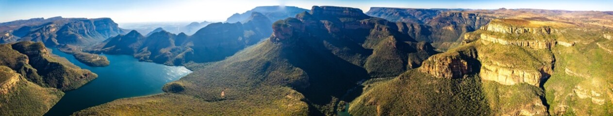 Aerial views of Blyde River Canyon and the three Rondavels in Graskop, Mpumalanga, South Africa - obrazy, fototapety, plakaty