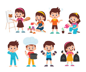 Set of Cute Little Girl Boy Kid Children with Various Different Poses. Activity Isolated Element Objects. Art, Blocks, Watering Plant, Brushing Teeth, Gym. Flat Style Icon Vector Illustration