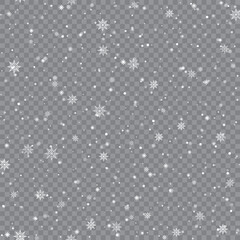 Seamless Xmas pattern with falling snowflakes on transparent background. Vector