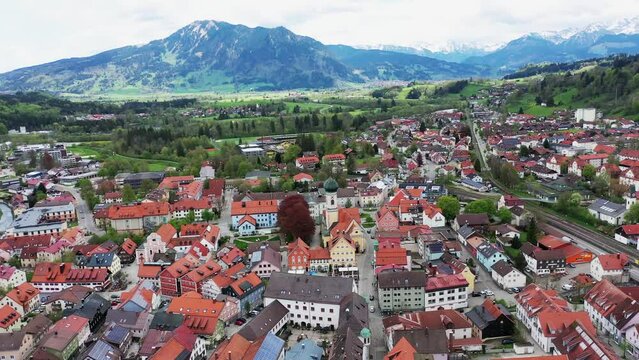 Aerial view of Immenstadt im Allgaeu with a view of the Alps. Immenstadt im Allgaeu, Upper Allgaeu, Swabia, Bavaria, Germany, Europe