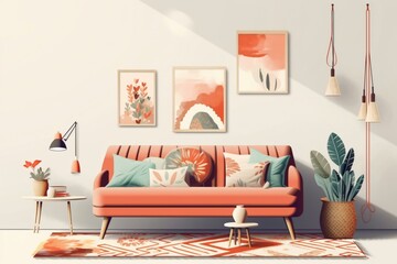 Illustration of a stylish living room with bohemian interior design and artistic wall decor. Generative AI