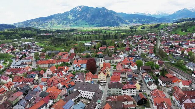 Aerial view of Immenstadt im Allgaeu with a view of the Alps. Immenstadt im Allgaeu, Upper Allgaeu, Swabia, Bavaria, Germany, Europe