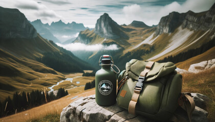 Photo réaliste d'une gourde réutilisable verte avec un logo de montagne dessus, attachée à un sac à dos de randonnée avec un paysage montagneux en arrière-plan. - obrazy, fototapety, plakaty