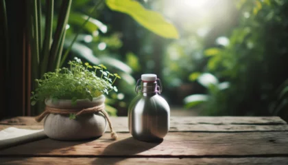 Tuinposter Gourde réutilisable en acier inoxydable avec un bouchon hermétique, posée sur une table en bois à côté d'une plante verte. L'arrière-plan est flou et montre une scène naturelle ensoleillée.  © Léo
