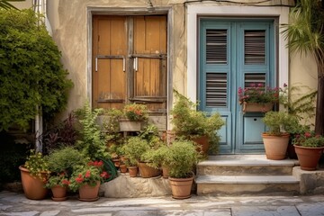 Fototapeta na wymiar Beautiful house with wooden door and flowerpots in Athens, Greece. Generative AI