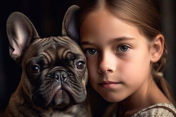 Portrait of a little girl and a French bulldog dog close-up.