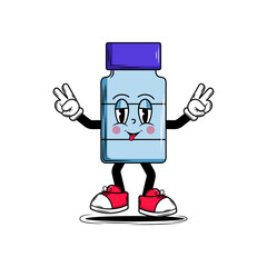 Medical bottle character with face smile in groovy style. Blue colors. For design of medical premises, children's medical books, covers, booklets, leaflets, web, app. Vector illustration