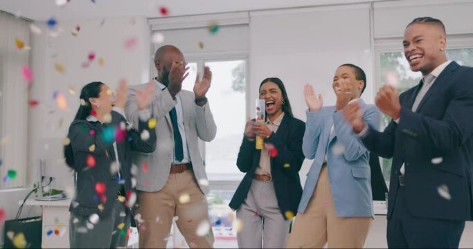 Business people, confetti and group with applause, celebration and achievement in a workplace. Staff, manager and employees with happiness, team building and congratulations with support and excited