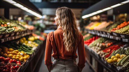 a photo of a beautiful young american woman shopping in supermarket and buying groceries and food products in the store. photo taken from behind her back. Generative AI