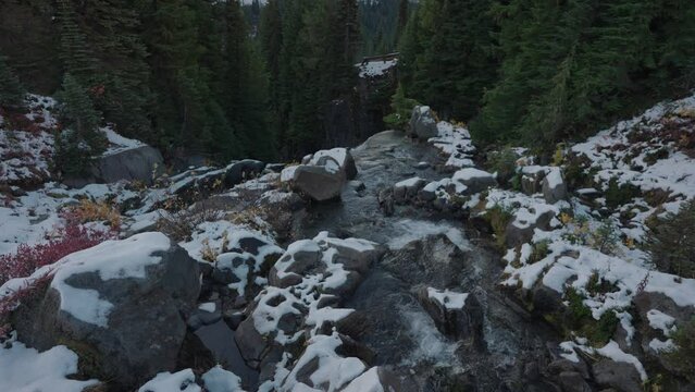Edith Mountain Creek in Mount Rainier National Park Covered by White Snow during Morning Sunrise in Slow Motion