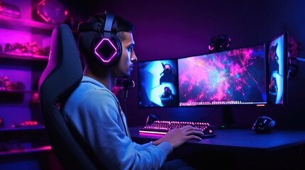 Gaming room, guy sitting at the computer and playing a game - obrazy, fototapety, plakaty