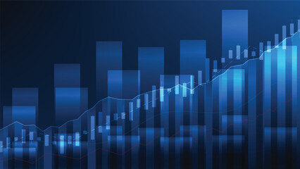 Financial business statistics with bar graph and candlestick chart show stock market price on dark blue background
