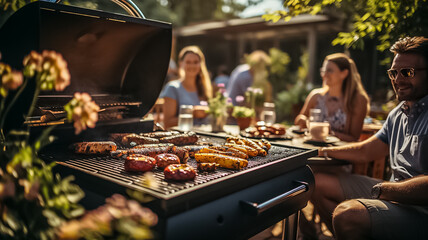 a photo of a family and friends having a picnic barbeque grill in the garden. having fun eating and enjoying time. sunny day in the summer. blur background. Generative AI - obrazy, fototapety, plakaty