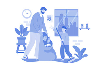 Father And Son Are Collecting Garbage At Home
