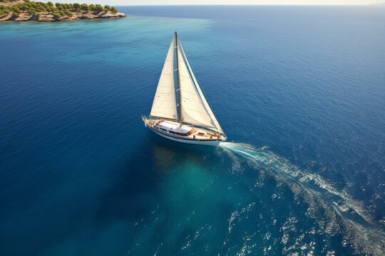 Bird's eye view of opulent yacht sailing on clear waters of Croatia's sunny coastline. Generative AI