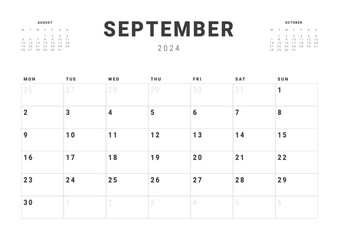 Monthly page Calendar Planner Templates of September 2024. Vector layout of simple calendar with week start Monday for print. Page for size A4 or 21x29.7 cm