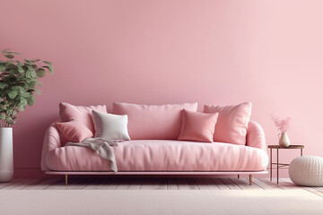 Sofa with pillows on a background of pink wall front view, concept of modern minimalist interior.