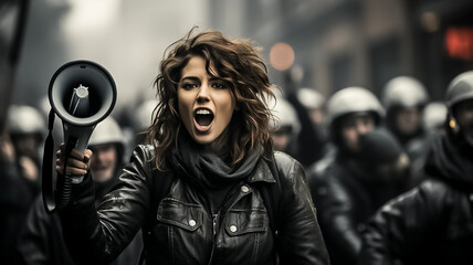 a woman shouting through megaphone on a workers environmental protest in a crowd in a big city....