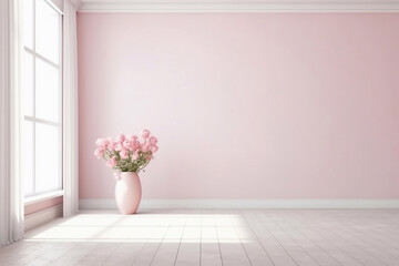 Empty pink wall and window indoors front view, modern interior.