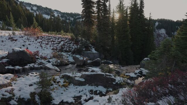 Edith Mountain Creek in Mount Rainier National Park Covered by White Snow during Morning Sunrise in Slow Motion