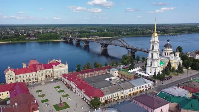 Aerial view of the administrative center of the city of Rybinsk with the Transfiguration Cathedral, as well as the original 