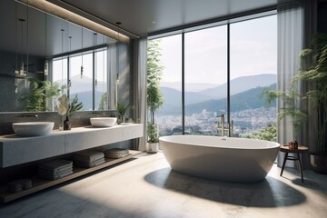 Modern bathroom with grey double sink, bathtub, and panoramic window. Generative AI