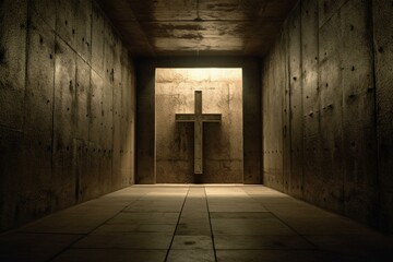 An image showing a crucifix in the center of a passageway. Generative AI