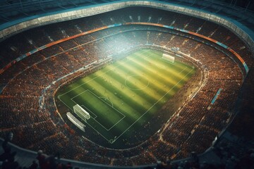 Top view. Packed stadium, lush soccer field. Sports, competition, victory. Generative AI - obrazy, fototapety, plakaty