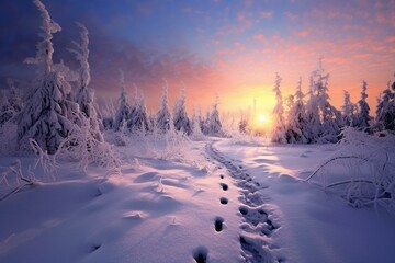 Snowy landscape at dawn. Generative AI