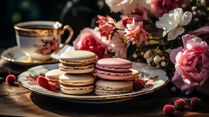 Aesthetic brunch of tea time, herbal tea and macarons dessert outside in the terrace under trendy hard shadows. Sweet desserts, natural herbal tea - natural sustainable eco-friendly lifestyle on table - obrazy, fototapety, plakaty