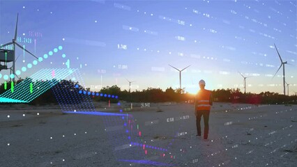 Engineer Walking Towards Wind Farm With Rising Stock Prices Digital Graphics.  - Powered by Adobe