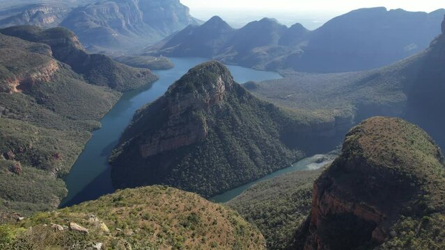 Aerial views of Blyde River Canyon and the three Rondavels in Graskop, Mpumalanga, South Africa