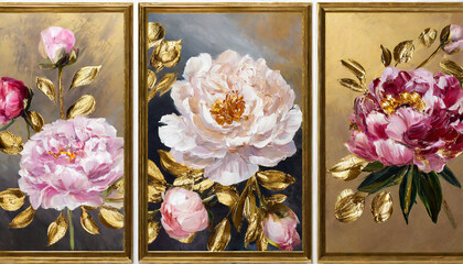 Obraz na płótnie Canvas Oil painting with flower rose, peonies, gold leaves. Botanic print background on canvas - floral triptych In Interior, art. 